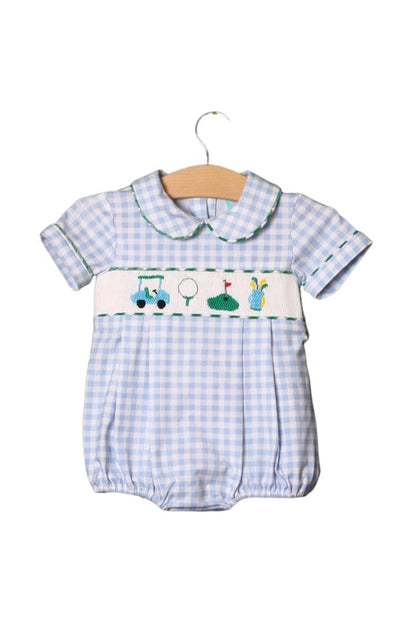 The Smocked Flamingo Smocked Hole in One Blue Gingham Bubble