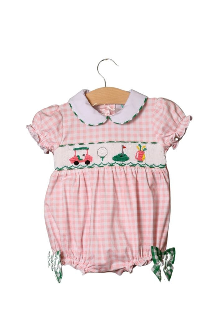 The Smocked Flamingo Smocked Hole in One Pink/Green Gingham Bubble