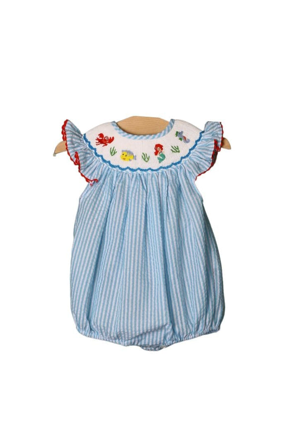 Anavini Baby Girls Aqua Blue Striped Seersucker Bubble - Smocked Rainbows main image 1