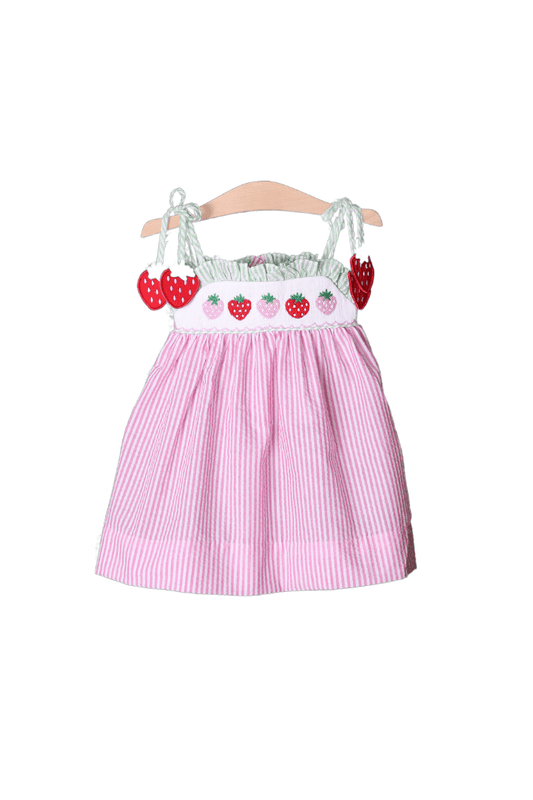 The Smocked Flamingo Smocked Strawberry Pink/Green Seersucker Dress