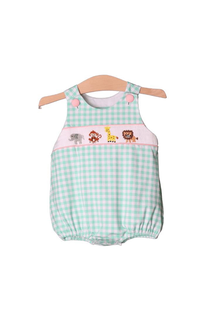 The Smocked Flamingo Smocked Zoo Friends Mint Gingham Bubble