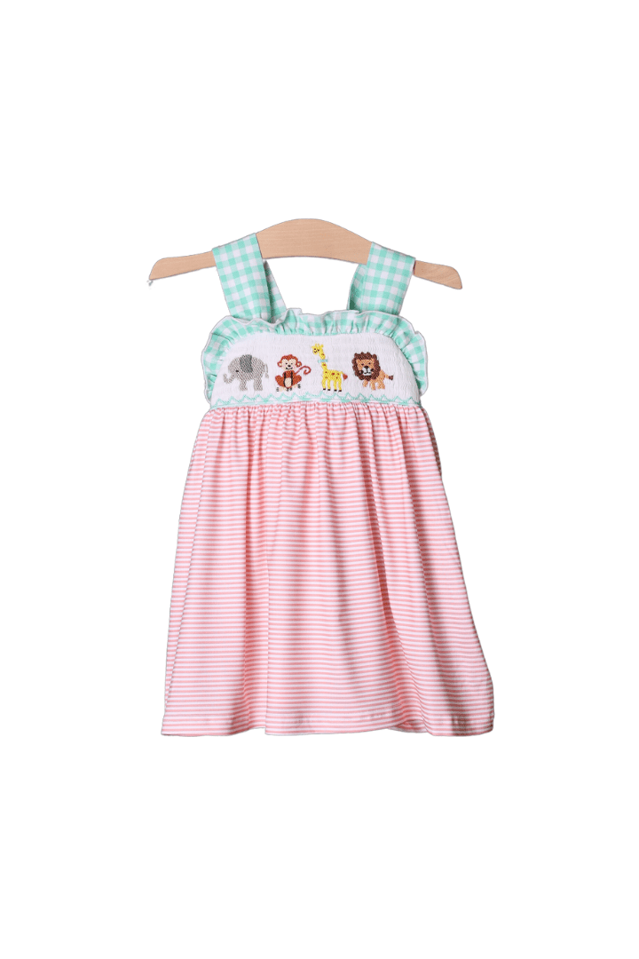 The Smocked Flamingo Smocked Zoo Friends Mint/Peach Sun Dress